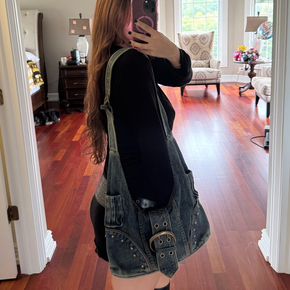 Stylish Denim Shoulder Bag with Stud Accents